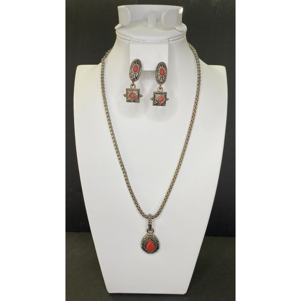 Premier Designs‎ Jewelry Red Stone Teardrop Necklace & Clip-On Earrings SKU PD44